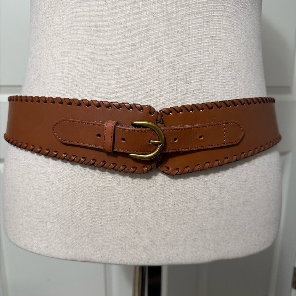 Women’s Wide Brown Leather Belt with Decorative Stitching 41 inches